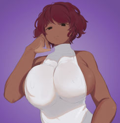 breasts brown_hair dark-skinned_female dark_skin highres huge_breasts krid mob_face stomach sweater turtleneck underwear white_background