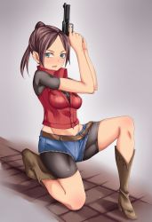 Rule 34 | 1girl, arios (orochi yuta), ass, belt, bike shorts, blue eyes, blush, boots, breasts, brown hair, claire redfield, cleavage, denim, female focus, gun, long hair, ponytail, resident evil, resident evil 2, short hair, sidelocks, solo, torn clothes, weapon