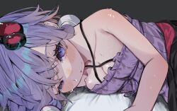 1girl armpit_crease bare_shoulders black_background blush breasts cleavage closed_mouth collarbone commentary_request criss-cross_halter dress frilled_dress frills from_side hair_ornament halter_dress halterneck highres kararage_tsune looking_at_viewer lying medium_breasts on_bed purple_dress purple_eyes purple_hair simple_background smile solo sweat vocaloid voiceroid yuzuki_yukari