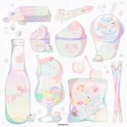 Rule 34 | artist name, bubble, closed eyes, commentary, cup, cupcake, drinking straw, english text, food, food focus, food wrapper, glass bottle, highres, ice cream, milkshake, moyaco, no humans, original, pastel colors, signature, simple background, solid circle eyes, solid eyes, spoon, symbol-only commentary, white background