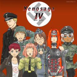 00s 3girls 4boys allen_ridgeley balkenkreuz blonde_hair breast_pocket brown_hair chaos chaos_(xenosaga) closed_eyes combat_helmet cross detached_collar gaignun_kukai_jr. garrison_cap glasses hat helmet iron_cross jacket jr. kos-mos momo_mizrahi military military_jacket military_uniform multiple_boys multiple_girls nazi peaked_cap pink_hair pocket red_eyes red_hair shion_uzuki stahlhelm swastika white_hair world_war_ii xeno_(series) xenosaga xenosaga_freaks ziggy