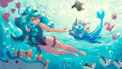 absurdres blue_hair braid breasts corsola diving finneon gen_1_pokemon gen_2_pokemon gen_3_pokemon gen_4_pokemon gentoz highres horsea lapras long_hair luvdisc magikarp mantyke medium_breasts nintendo one-piece_swimsuit original poke_ball pokemon purple_eyes skindention smile swimsuit thigh_strap underwater vaporeon