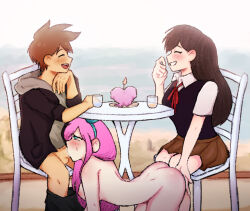Rule 34 | 1boy, 2girls, aubrey (omori), bisexual female, change in common sense, clothed female nude female, clothed male nude female, fellatio, ffm threesome, fingering, fingering from behind, group sex, hero (omori), hetero, humiliation, mari (omori), mochiko991, multiple girls, nude, omori, oral, outdoors, penis, public indecency, smile, threesome, under table
