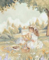 1girl basket brown_hair canvas_(object) carrie_(carriedraw) commentary dress easel grass hat highres long_hair nature original outdoors painting_(action) scenery solo white_dress