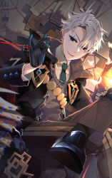 1boy absurdres argyle_clothes argyle_sweater_vest black_coat black_eyes black_gloves black_shoes blue_eyeliner book book_stack brown_pants bug bulletin_board butterfly coat couch crossed_legs eyeliner fate/grand_order fate_(series) gloves green_necktie grey_hair grey_sweater_vest grin hand_on_own_knee highres insect james_moriarty_(ruler)_(fate) lamp makeup male_focus necktie on_couch open_clothes open_coat open_mouth pants patterned_clothing pinstripe_pants pinstripe_pattern shoes short_hair smile solo sweater_vest tia_(cocorosso)
