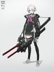 Rule 34 | 1girl, character request, fingerless gloves, gloves, green eyes, heavily armed high school girls, highres, ichi (heavily armed high school girls), jacket, katana, long sword, neco, pleated skirt, scabbard, school uniform, sheath, shoes, short hair, skirt, sneakers, solo, sword, thighhighs, weapon, white hair, white shoes