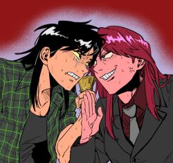 2girls anger_vein banknote black_eyes black_hair black_jacket black_shirt blazer breasts collared_shirt colored_sclera commentary_request crying crying_with_eyes_open forehead-to-forehead formal_clothes genderswap genderswap_(mtf) green_shirt grey_necktie grin heads_together highres holding holding_money ichijou_seiya itou_kaiji jacket kaiji korean_commentary long_hair long_sleeves looking_at_another medium_breasts money multiple_girls necktie nervous_sweating open_clothes open_shirt plaid_clothes plaid_shirt red_background red_hair red_shirt shirt short_sleeves sidelocks small_breasts smile suit sweat tears undershirt upper_body yellow_sclera yunag_(u_ja_dd)