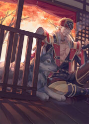 Rule 34 | abs, armor, blonde hair, brown eyes, chain, coat, facial hair, fur trim, headband, hojo ujiyasu, muscular, muscular male, pectorals, petting, scar, sengoku musou, sitting, smoking, smoking pipe, stubble, tree, wolf, wooden floor, yoshicha