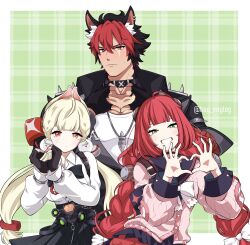 Rule 34 | 1boy, 2girls, absurdres, alice thymefield, animal ears, black choker, black gloves, black jacket, black sailor collar, black skirt, blush, bow, bowtie, cardigan, chest bow, choker, collared shirt, dog boy, dog ears, gloves, green eyes, hag imglog, hair ornament, heart, heart hands, heterochromia, highres, jacket, jewelry, komano manato, leather, leather jacket, long hair, looking at viewer, multicolored hair, multiple girls, multiple scars, muscular, muscular male, necklace, pink cardigan, pom pom (clothes), pom pom hair ornament, red eyes, red hair, sailor collar, scar, scar across eye, scar on face, shirt, short hair, skirt, smile, two-tone hair, ukinami yuzuha, upper body, white bow, white bowtie, white shirt, zenless zone zero