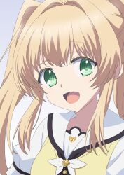 Rule 34 | 1girl, :d, absurdres, blonde hair, commentary, green eyes, hair between eyes, hair intakes, happy, highres, long hair, looking at viewer, open mouth, puffy short sleeves, puffy sleeves, ringed eyes, sailor collar, school uniform, seihoku, serafuku, short sleeves, sidelocks, simple background, smile, solo, sports bra, summer pockets, summer pockets school uniform, tareme, tsumugi wenders, twintails, upper body, white background, white sailor collar, yellow sports bra