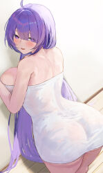 1girl absurdres against_wall ahoge ass ass_peek azur_lane back bare_shoulders blunt_bangs blush breasts highres huge_ass huge_breasts indoors long_hair looking_at_viewer looking_to_the_side mogador_(azur_lane) naked_towel open_mouth purple_eyes purple_hair smile solo suo_bu_ye_feng thick_thighs thighs towel very_long_hair wet wooden_floor