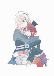 2girls belt black_collar black_jacket black_shirt blue_eyes collar commentary_request crown girls_band_cry grey_eyes grey_hair grey_shorts hat highres hug iseri_nina jacket kawaragi_momoka long_hair long_sleeves looking_at_viewer multiple_girls popipopopo0000 red_collar red_thighhighs shirt shorts simple_background thighhighs tongue tongue_out white_background white_hat yuri