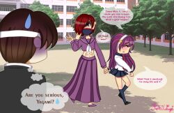 1girl 2boys asamiya_athena hair_ornament holding_hands kusanagi_kyou mask miss_x multiple_boys psycho_soldier school_uniform snk snk_heroines:_tag_team_frenzy star_(symbol) star_hair_ornament the_king_of_fighters yagami_iori