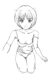 Rule 34 | 1girl, amagami, bare shoulders, blush, bob cut, breasts, camisole, cleavage, closed mouth, collarbone, commentary, cropped arm, cropped arms, curled fingers, foreshortening, from above, greyscale, groin, hatching (texture), highres, kneeling, kyonsam321go, looking at viewer, looking up, loose hair strand, messy hair, midriff peek, monochrome, no bra, panties, selfie, short hair, simple background, sketch, small breasts, smile, solo, strap slip, tachibana miya, thigh gap, underwear, white background