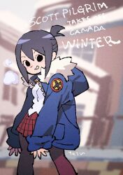 1girl arms_at_sides artist_name black_eyes black_hair blue_jacket blurry blurry_background breasts cowboy_shot english_text from_side fur-trimmed_jacket fur_trim grin hair_between_eyes highres hood hooded_jacket jacket knives_chau light_blush looking_at_viewer medium_breasts outdoors pantyhose plaid_clothes plaid_skirt ponytail red_pantyhose red_skirt scott_pilgrim scott_pilgrim_(series) scott_pilgrim_takes_off shirt short_hair short_ponytail sidelocks skirt sleeves_past_wrists smile solo standing teeth tetsu_(teppei) white_shirt
