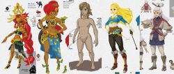 1boy 4girls abs absurdres aqua_eyes armlet armor arms_at_sides artbook bag barefoot belt_pouch bird black_gloves black_pants blonde_hair blue_eyes blue_lips blue_shirt boots braid breastplate brown_eyes brown_footwear bulge circlet closed_mouth clothed_female_nude_male concept_art crop_top crotch crown crown_braid dark_skin earrings english_text eyeshadow facial_mark feet fingerless_gloves forehead_mark forehead_tattoo full_body gerudo gloves gluteal_fold green_eyes grey_hair hair_ornament hair_stick hair_tubes hairclip hand_on_own_hip high_heels highres hoop_earrings jewelry knee_boots leather leather_boots leggings legs link lipstick long_hair long_sleeves low_cut makeup multiple_girls muscular muscular_female nail_polish navel neck_ring necklace nintendo no_nipples no_penis no_testicles nude official_art open_mouth pants paya_(zelda) peacock peacock_feathers pectorals pectorals pointy_ears pouch princess princess_zelda red_hair riding_crop riju sandals sheikah_slate shiny_skin shirt single_braid skirt sleeveless sleeveless_shirt smile standing stomach tattoo the_legend_of_zelda the_legend_of_zelda:_breath_of_the_wild thick_eyebrows thighs third-party_edit tiara tight_clothes tight_pants triforce turtleneck urbosa