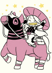 Rule 34 | 1boy, absurdres, beard, belt buckle, buckle, cape, chibi, chibi only, closed eyes, cowboy hat, facial hair, gold teeth, grin, gyro zeppeli, hat, highres, horse, horseback riding, jojo no kimyou na bouken, limited palette, long hair, m a a m 8, male focus, mask, mask on head, reins, riding, short sleeves, smile, solo, star (symbol), steel ball run, valkyrie (jojo), wristband