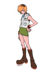Rule 34 | 1girl, armband, black boots, blonde hair, boots, brown hair, closed mouth, commentary, frown, full body, green eyes, green skirt, haejeo1008, hand on own hip, hashtag-only commentary, heather mason, highres, jacket, multicolored hair, parted bangs, roots (hair), shirt, short hair, silent hill (series), silent hill 3, simple background, skirt, sleeveless, sleeveless jacket, sleeveless shirt, solo, standing, twitter username, white background, white jacket