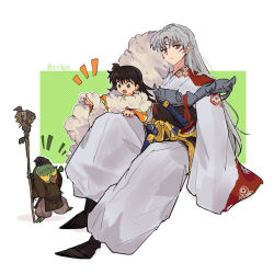 1boy 1girl 1other armor black_eyes black_footwear black_hair blush character_request chya_dan_go12 commentary_request crescent facial_mark forehead_mark fur grey_hair highres inuyasha japanese_clothes kimono long_hair looking_at_viewer open_mouth pointy_ears sesshoumaru simple_background sitting sword very_long_hair very_long_sleeves weapon white_background wide_sleeves yellow_eyes