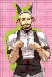 1boy alternate_costume animal_ears bald beard choker facial_hair kitsune_n male_focus smile solo steins;gate tennouji_yuugo