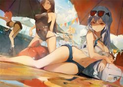 4girls ;d arknights arm_support ass bare_arms bare_legs bare_shoulders bikini bikini_skirt bikini_top_only black_bikini black_shorts black_one-piece_swimsuit blonde_hair blue_shorts breasts brown_eyes brown_hair casual_one-piece_swimsuit cleavage closed_mouth croissant_(arknights) croissant_(seeker)_(arknights) day eyewear_on_head eyyy gummy_(arknights) gummy_(summer_flowers)_(arknights) inflatable_orca inflatable_toy kneeling long_hair lying medium_breasts mixing_console multiple_girls navel official_alternate_costume on_side one-piece_swimsuit one_eye_closed open_mouth orange_hair orca_hair_ornament outdoors pennant red-tinted_eyewear red_eyes short_hair shorts silver_hair skadi_(arknights) skadi_(waverider)_(arknights) skyfire_(arknights) skyfire_(temperature_difference)_(arknights) smile sora_(arknights) stomach sunglasses sunlight swimsuit texas_(arknights) tinted_eyewear umbrella very_long_hair white_bikini