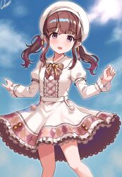 1girl beret bow bowtie brown_bow brown_bowtie cowboy_shot dot_nose dress hat highres idolmaster idolmaster_cinderella_girls long_sleeves looking_at_viewer low_twintails medium_hair ogata_chieri open_mouth outdoors outstretched_arms pink_bow pink_bowtie pom_pom_(clothes) purple_eyes sidelocks sky smile solo twintails two-tone_bow two-tone_bowtie uno_(unoirasuto) white_dress white_hat