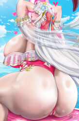 Rule 34 | 1girl, absurdres, alternate costume, artist request, ass, ass focus, ass press, bare shoulders, bikini, blush, bow, breasts, carlotta (splashing summer) (wuthering waves), carlotta (wuthering waves), come hither, flower, from behind, hair bow, hair flower, hair ornament, hair ribbon, highres, huge ass, huge breasts, long hair, looking at viewer, looking back, naughty face, one-piece swimsuit, open mouth, partially visible vulva, purple eyes, ribbon, sideboob, sitting, smile, solo, swimsuit, thick thighs, thighs, very long hair, white hair, wuthering waves