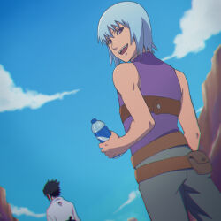 Rule 34 | 2boys, black hair, blue sky, cloud, cloudy sky, from behind, holding, hoozuki suigetsu, looking at viewer, makidsume, male focus, multiple boys, naruto (series), naruto shippuuden, ninja, open mouth, purple eyes, purple shirt, sharp teeth, shirt, short hair, sky, sleeveless, sleeveless shirt, spiked hair, teeth, uchiha sasuke