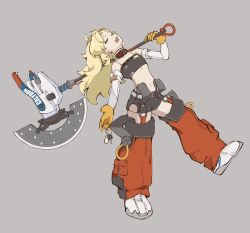 1girl absurdres axe battle_axe black_shorts blonde_hair closed_eyes detached_pants flat_chest full_body gloves goggles goggles_around_neck grey_background highres holding holding_axe navel open_mouth pants piper_wheel red_pants shinakou@skeb shorts solo weapon yellow_gloves zenless_zone_zero