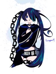 Rule 34 | 1boy, 1girl, belt, black coat, black gloves, black hair, black rock shooter, black rock shooter (character), black shorts, blue eyes, chain, coat, gloves, highres, kamukam48773212, long hair, shorts, solo, twintails, uneven twintails