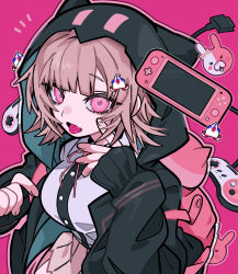 Rule 34 | 1girl, absurdres, black jacket, controller, danganronpa (series), danganronpa 2: goodbye despair, galaga, game controller, highres, hood, hood up, hooded jacket, jacket, medium hair, monomi (danganronpa), nanami chiaki, nintendo switch lite, pink background, pink eyes, pink hair, pleated skirt, poa poa05, shirt, simple background, skirt, solo, white shirt
