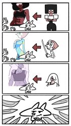 3girls abs afro alternate_body_size amethyst_(steven_universe) bodysuit colored_skin garnet_(steven_universe) highres meme multiple_girls n_k_m pearl_(steven_universe) purple_skin red_skin steven_universe sunglasses sword tangled toned toned_female weapon