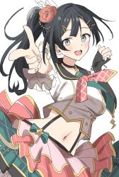 1girl bien_(djpwjd1) black_hair bow finger_gun fingerless_gloves flower_ornament gloves grey_eyes hair_ornament highres layered_skirt like_it!_love_it! looking_at_viewer love_live! love_live!_nijigasaki_high_school_idol_club midriff navel official_alternate_costume open_mouth plaid_clothes plaid_skirt ponytail side_ponytail single_fingerless_glove skirt smile solo suspender_skirt suspenders yuki_setsuna