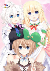 Rule 34 | 3girls, blanc (neptunia), blonde hair, blue eyes, breast rest, breasts, breasts on head, brown hair, coat, dress, fur-trimmed coat, fur trim, green dress, jacket, kagura ittou, large breasts, long hair, multiple girls, neptune (series), ponytail, reedio, short hair, v, vert (neptunia), very long hair, white dress, white hair, white jacket