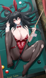 1girl :q absurdres animal_ear_hairband animal_ears azur_lane ball bare_shoulders billiard_ball black_hair black_pantyhose blush bow bowtie breasts cleavage commentary_request crossed_bangs cue_stick detached_collar fake_animal_ears feet hair_between_eyes hair_spread_out hairband highleg highleg_leotard highres holding_cue_stick huge_breasts kafeifeifeifeifeifei_jiemo_jun large_breasts leotard long_hair looking_at_viewer lying official_alternate_costume pantyhose playboy_bunny pool_table rabbit_ear_hairband rabbit_ears red_bow red_bowtie red_eyes red_leotard shiny_skin soles solo strapless strapless_leotard table taihou_(azur_lane) taihou_(fun_on_the_baize)_(azur_lane) thigh_strap tongue tongue_out torn_clothes torn_pantyhose very_long_hair white_wrist_cuffs wrist_cuffs