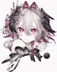 Rule 34 | 1girl, black bow, black bowtie, black wings, bow, bowtie, brooch, colored inner hair, colored tips, cropped shoulders, diamond-shaped pupils, diamond (shape), double-parted bangs, eyelashes, frilled sleeves, frills, gem, grey hair, hair between eyes, hair intakes, hair ornament, head wings, highres, hito komoru, indie virtual youtuber, jewelry, light smile, multicolored hair, purple eyes, purple gemstone, purple hair, richamu, second-party source, simple background, single bare shoulder, solo, symbol-shaped pupils, white background, wings