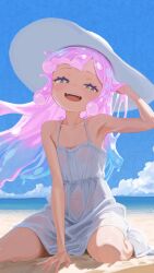 1girl absurdres armpits bare_shoulders beach blue_hair blue_sky collarbone crying dress flat_chest gradient_hair green_eyes hands_in_own_hair hat highres kneeling liquid_hair long_hair monster_girl multicolored_hair navel ocean open_mouth pink_hair puniru_(puniru_wa_kawaii_slime) puniru_wa_kawaii_slime sand see-through_clothes sky slime_girl slime_hair smile solo sui_yamami sundress teeth upper_teeth_only white_dress white_hat