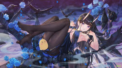 1girl animal armpits ass atdan azur_lane baby_animal bare_shoulders bird black_hair black_pantyhose blue_dress blue_flower breasts chick convenient_censoring crow dress feet flower fog hair_ornament hairclip highres horns legs_up long_hair looking_at_viewer lying manjuu_(azur_lane) medium_breasts no_shoes noshiro_(azur_lane) on_back oni_horns pantyhose parted_lips petals purple_eyes rose sleeveless sleeveless_dress solo tree very_long_hair x_hair_ornament