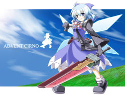Rule 34 | 1990s (style), 1girl, advent cirno, armor, bag, belt, blue eyes, blue hair, bow, cirno, dress, female focus, final fantasy, final fantasy vii, food, fruit, gloves, hair bow, matching hair/eyes, nanatsuki (arca-nize), pauldrons, puffy sleeves, retro artstyle, ribbon, short hair, shoulder armor, solo, sword, touhou, watermelon, weapon, wings