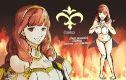 Rule 34 | 1girl, alternate costume, armor, bare legs, breastplate, celica (fire emblem), choker, earrings, fingerless gloves, fire, fire emblem, fire emblem echoes: shadows of valentia, gloves, heart, heart hands, highres, jewelry, long hair, navel, nintendo, one eye closed, princess, red eyes, red hair, smile, stomach, swimsuit, tiara, white armor, yoltablaze
