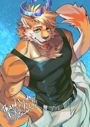 1boy bara black_tank_top blue_background blue_eyes body_fur broken_halo commentary_request commission cowboy_shot facial_hair furry furry_male goatee halo hands_in_pockets jacket looking_at_viewer male_focus muscular muscular_male open_mouth orange_fur original sammy_(freezingsammy) skeb_commission solo tail tank_top unworn_jacket