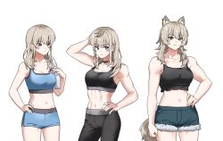1girl animal_ears breasts brown_hair choker cleavage girls_band_cry girls_band_cry_rpg grey_eyes habsida_(habsida_hpy) hand_on_own_head highres kawaragi_momoka long_hair medium_breasts midriff navel pants shorts simple_background sports_bra tail toned toned_female towel towel_on_one_shoulder white_background wolf_ears wolf_girl wolf_tail
