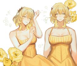 1girl aglaea_(honkai:_star_rail) blonde_hair breasts cleavage commentary dress english_commentary flower green_eyes honkai:_star_rail honkai_(series) jewelry large_breasts laurel_crown multiple_views necklace short_hair simple_background tomodurien yellow_dress yellow_flower