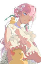 1girl absurdres anyoji_hime blue_eyes blunt_bangs blush commentary feet flower foot_focus foot_on_head frilled_one-piece_swimsuit frills full_body green_ribbon hair_flower hair_ornament hair_ribbon hands_on_own_legs her-bath-rium highres link!_like!_love_live! long_hair looking_at_viewer love_live! low_twintails morio_(mmorio_mu) nail_polish official_alternate_costume one-piece_swimsuit pink_hair pink_nails ribbon rubber_duck sidelocks signature simple_background soles solo swimsuit toenail_polish toenails toes twintails virtual_youtuber white_background white_flower white_one-piece_swimsuit