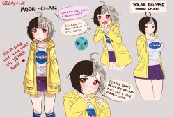 1girl age_progression ahoge alternate_breast_size blush breast_expansion breasts bsapricot earth_(planet) english_text grey_background highres large_breasts logo moon-chan multicolored_hair multiple_views nasa nasa_logo original planet raincoat short_hair simple_background small_breasts speech_bubble split-color_hair standing two-tone_hair yellow_raincoat