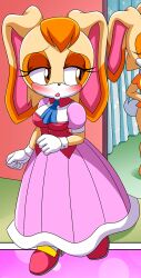 1girl bbmbbf blush breasts brown_eyes comic curvy gloves highres looking_to_the_side medium_breasts bad_tag mobius_unleashed orange_hair palcomix rabbit_ears rabbit_girl sonic_(series) vanilla_the_rabbit