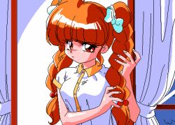1girl adjusting_hair animahjong animahjong_x animated animated_gif female_focus indoors long_hair looking_at_viewer lowres matching_hair/eyes nakajima_atsuko orange_eyes orange_hair pc-98_(style) rumi_(animahjong) rumi_(animahjong_x) short_sleeves sogna solo undressing