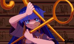 Rule 34 | 1girl, blue eyes, blue hair, brodall pixel, closed mouth, earrings, facial mark, hieroglyphics, holding, holding scepter, jewelry, key earrings, long hair, looking at viewer, michigami nareko, pixel art, scepter, short sleeves, smile, solo, touhou, triangle, triangle facial mark, upper body