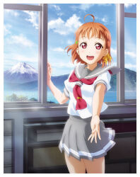 1girl ahoge artbook blush bow braid cloud clover_hair_ornament cowboy_shot day grey_skirt hair_bow hair_ornament highres indoors looking_at_viewer love_live! love_live!_sunshine!! mountain neckerchief non-web_source official_art open_mouth orange_hair pleated_skirt red_eyes red_neckerchief school_uniform serafuku shirt short_hair short_sleeves side_braid skirt sky smile solo standing summer_uniform takami_chika uranohoshi_school_uniform white_shirt window yellow_bow
