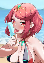 1girl bikini black_bikini blush breasts chest_jewel cleavage core_crystal_(xenoblade) fellatio food highres licking oral phallic_symbol popsicle pyra_(xenoblade) red_bikini red_eyes red_hair revision sexually_suggestive short_hair simulated_fellatio solo swimsuit tiara timosan upper_body variant_set xenoblade_chronicles_(series) xenoblade_chronicles_2